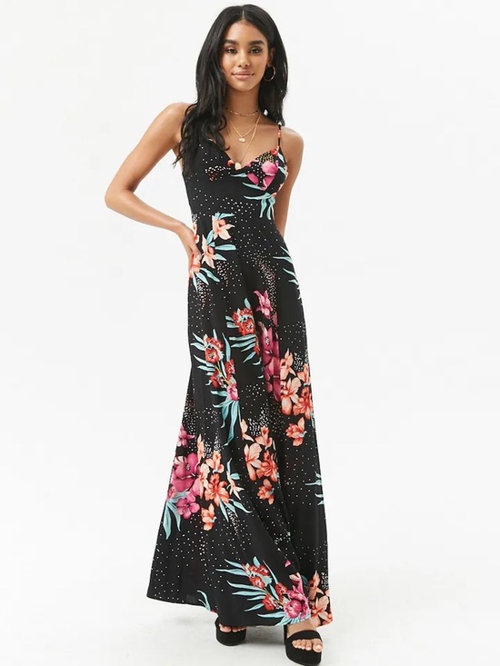 Forever 21 Dresses & Skirts - Forever 21 Black Maxi Dress with Pink & Coral Floral Print